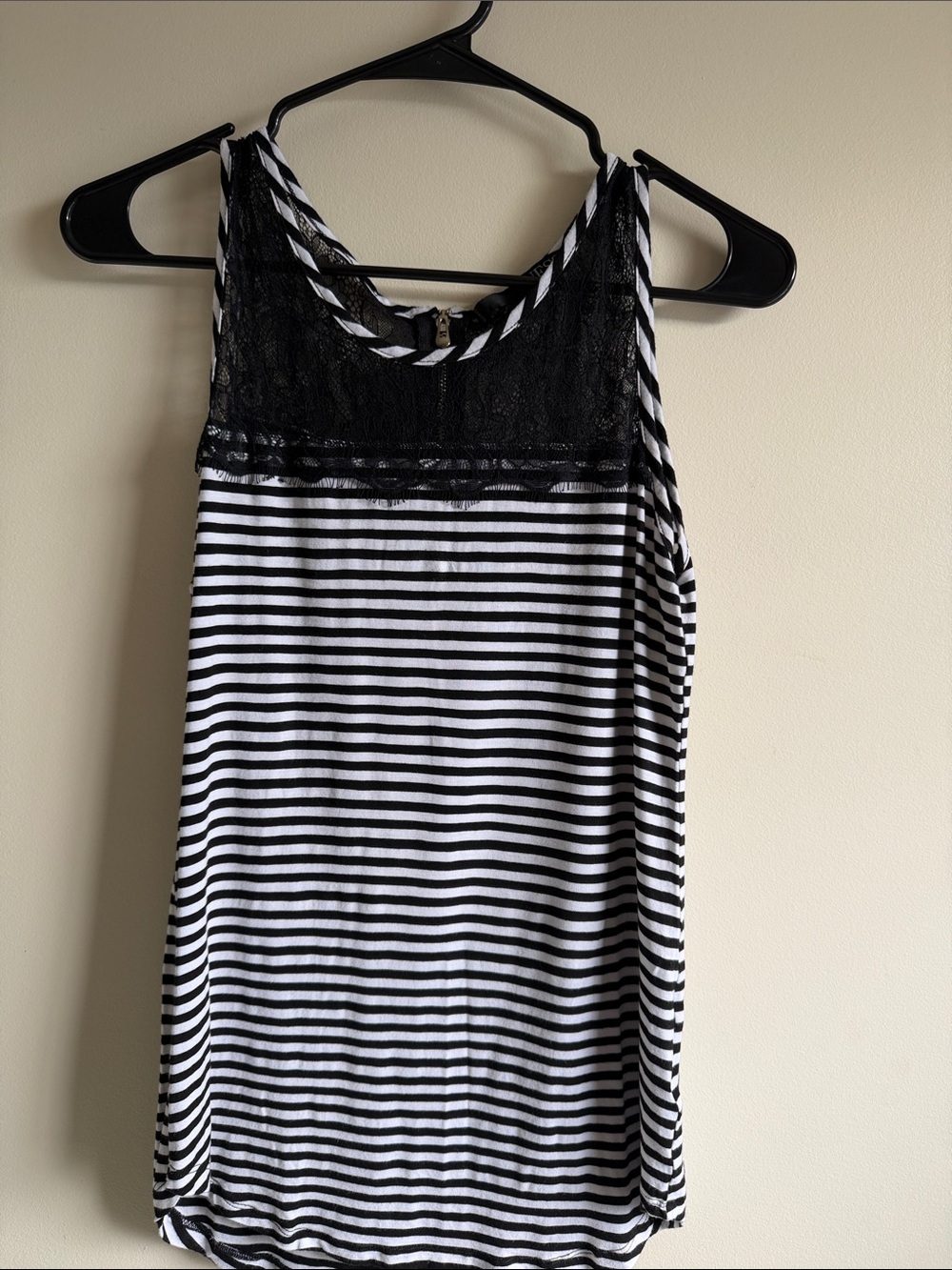 Black & White Striped Lace Yoke Tank Top